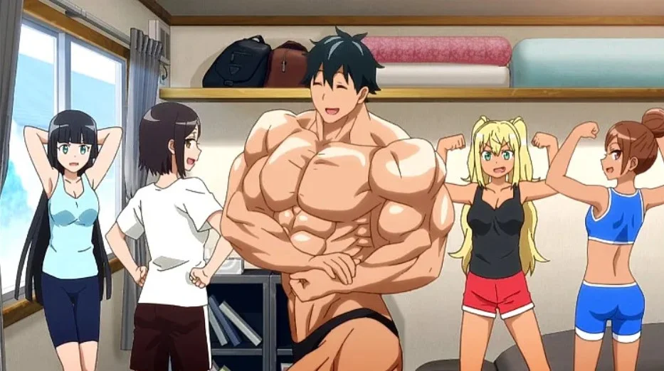A screenshot of a very muscular anime man flexing