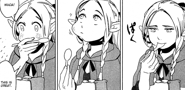 A manga snippet of a Marcille eating